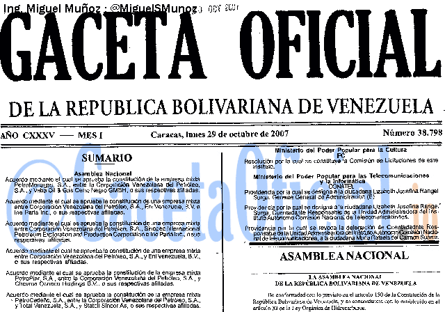 Gaceta Oficial 38798 del 29 Octubre 2007