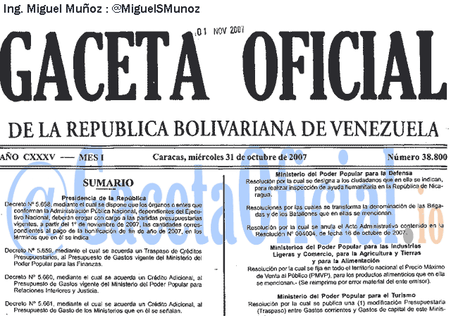 Gaceta Oficial 38800 del 31 Octubre 2007