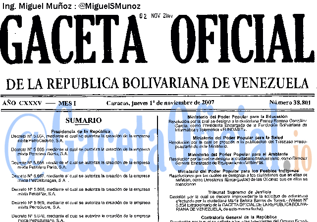 Gaceta Oficial 38801 del 1 Noviembre 2007
