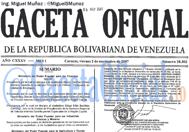 Gaceta Oficial 38802 del 2 Noviembre 2007