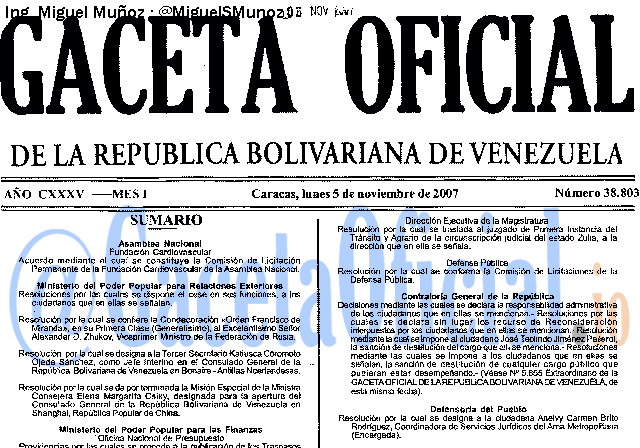 Gaceta Oficial 38803 del 5 Noviembre 2007