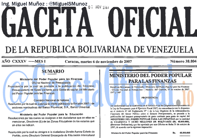 Gaceta Oficial 38804 del 6 Noviembre 2007