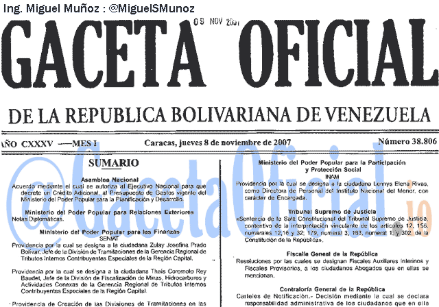 Gaceta Oficial 38806 del 8 Noviembre 2007