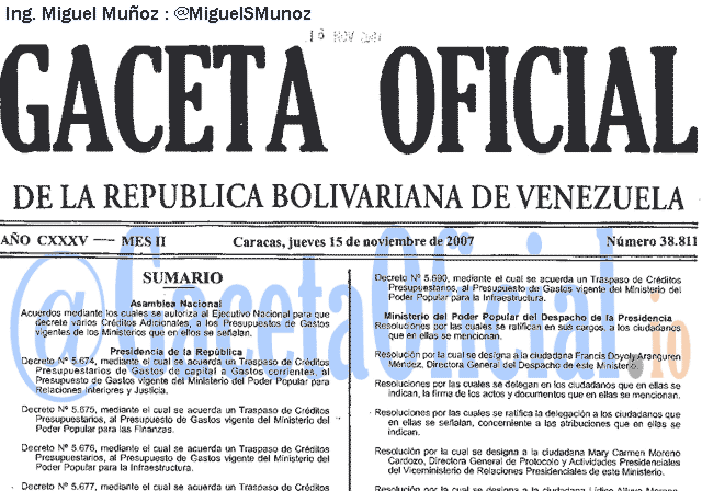 Gaceta Oficial 38811 del 15 Noviembre 2007