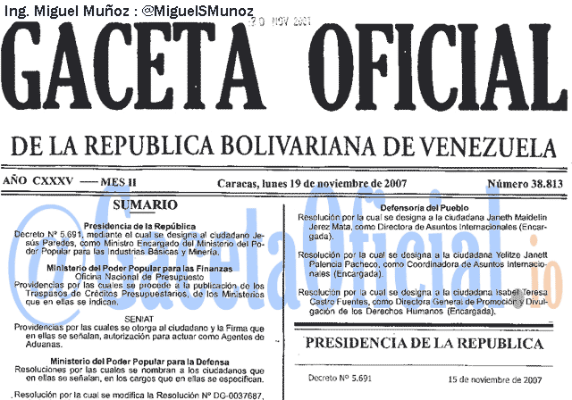 Gaceta Oficial 38813 del 19 Noviembre 2007