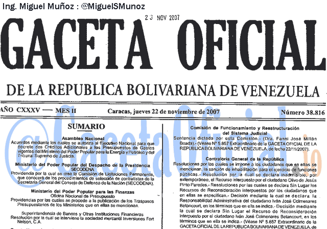 Gaceta Oficial 38816 del 22 Noviembre 2007