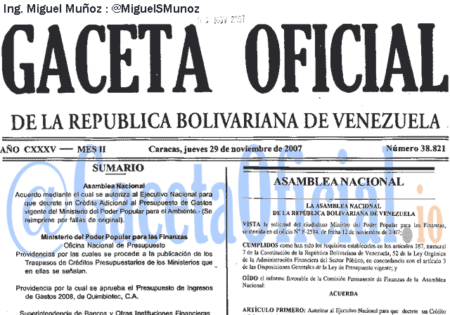 Gaceta Oficial 38821 del 29 Noviembre 2007