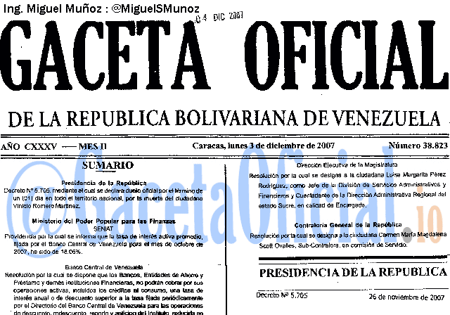 Gaceta Oficial 38823 del 3 Diciembre 2007