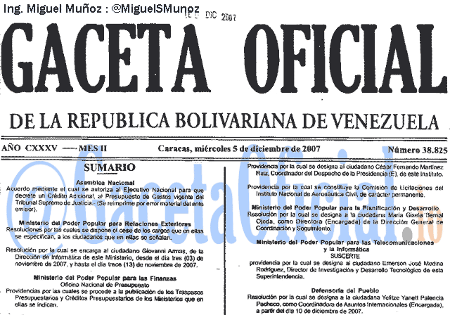 Gaceta Oficial 38825 del 5 Diciembre 2007