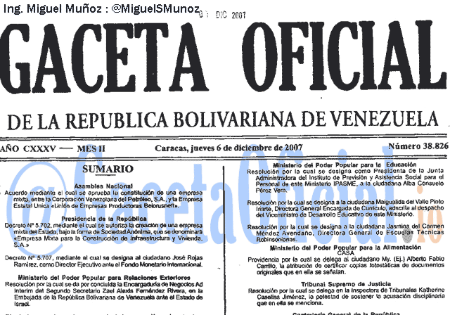 Gaceta Oficial 38826 del 6 Diciembre 2007