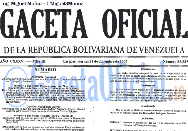 Gaceta Oficial 38837 del 21 Diciembre 2007