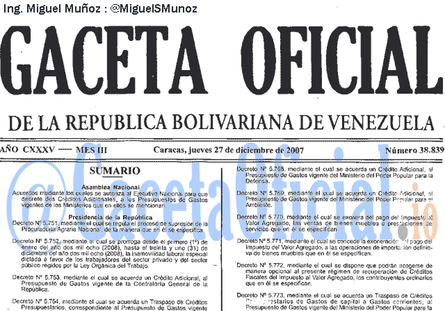 Gaceta Oficial 38839 del 27 Diciembre 2007