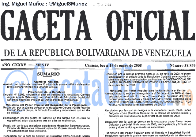 Gaceta Oficial 38849 del 14 Enero 2008