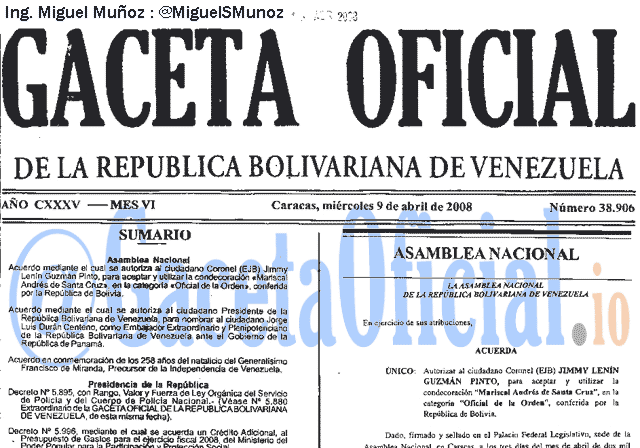 Gaceta Oficial 38906 del 9 Abril 2008