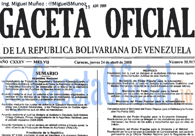 Gaceta Oficial 38917 del 24 Abril 2008