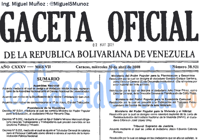 Gaceta Oficial 38921 del 30 Abril 2008