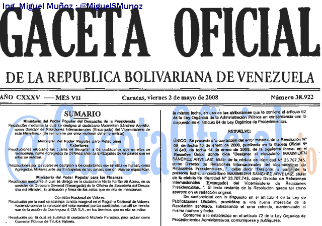 Gaceta Oficial 38922 del 2 Mayo 2008