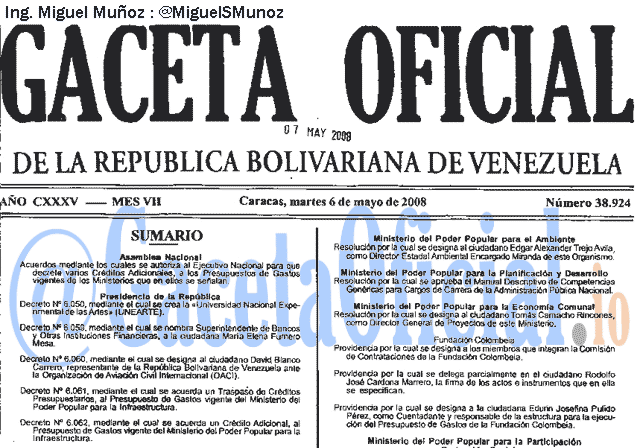 Gaceta Oficial 38924 del 6 Mayo 2008
