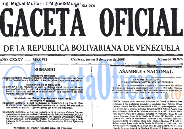 Gaceta Oficial 38926 del 8 Mayo 2008