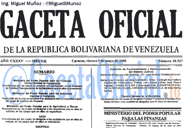 Gaceta Oficial 38927 del 9 Mayo 2008