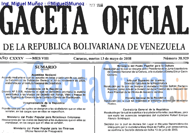 Gaceta Oficial 38929 del 13 Mayo 2008