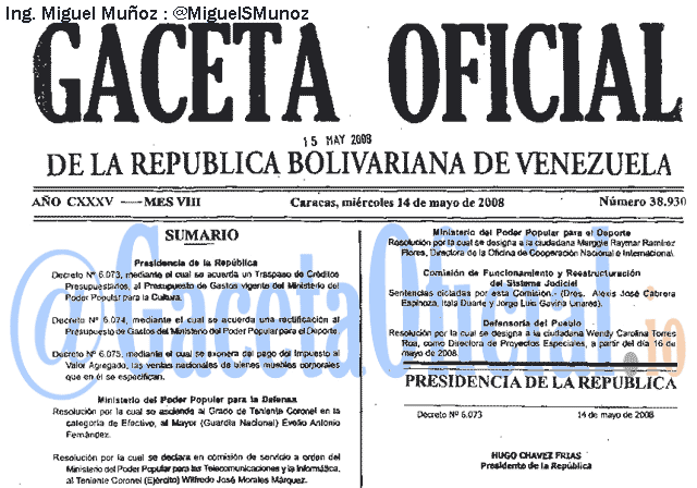 Gaceta Oficial 38930 del 14 Mayo 2008