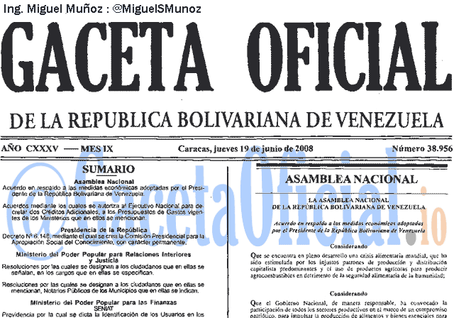 Gaceta Oficial 38956 del 19 Junio 2008
