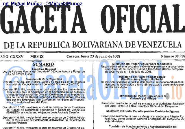 Gaceta Oficial 38958 del 23 Junio 2008