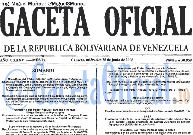 Gaceta Oficial 38959 del 25 Junio 2008