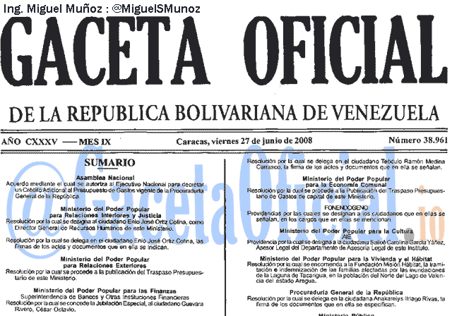 Gaceta Oficial 38961 del 27 Junio 2008