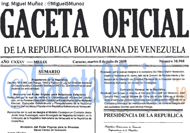 Gaceta Oficial 38968 del 8 Julio 2008