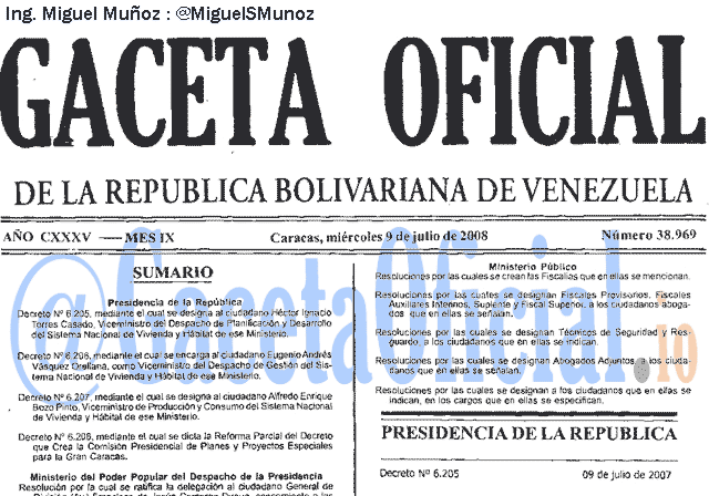 Gaceta Oficial 38969 del 9 Julio 2008
