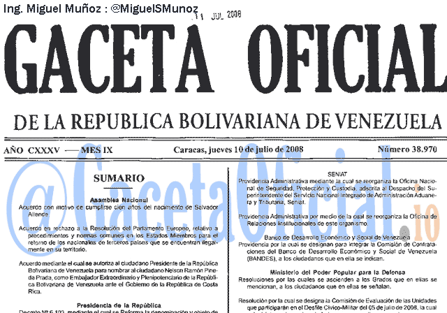 Gaceta Oficial 38970 del 10 Julio 2008