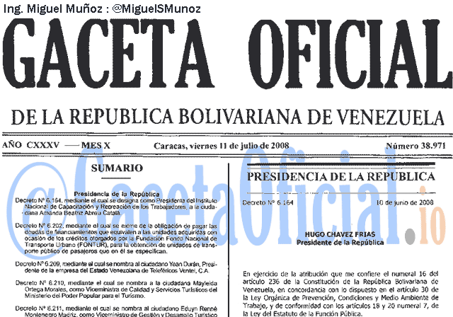 Gaceta Oficial 38971 del 11 Julio 2008
