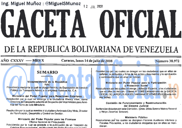 Gaceta Oficial 38972 del 14 Julio 2008