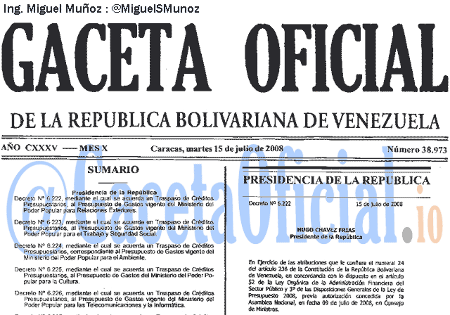 Gaceta Oficial 38973 del 15 Julio 2008