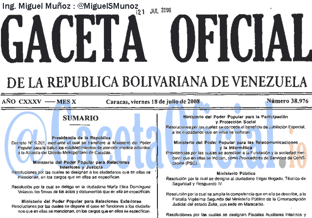 Gaceta Oficial 38976 del 18 Julio 2008