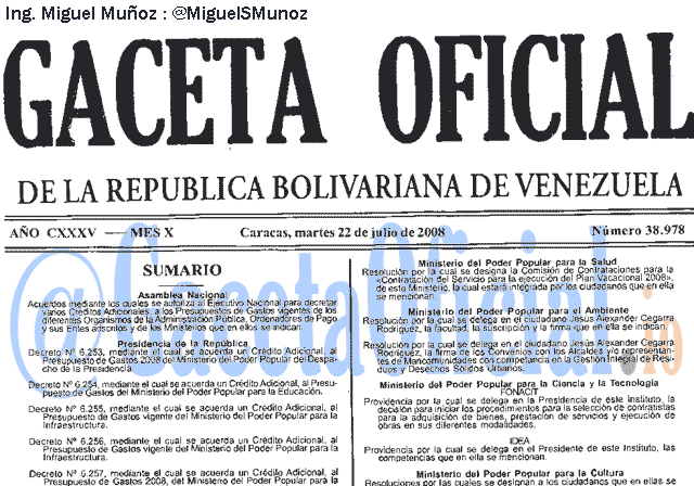 Gaceta Oficial 38978 del 22 Julio 2008