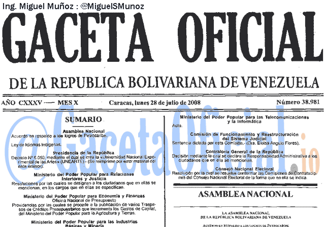 Gaceta Oficial 38981 del 28 Julio 2008