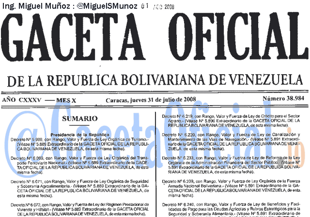 Gaceta Oficial 38984 del 31 Julio 2008