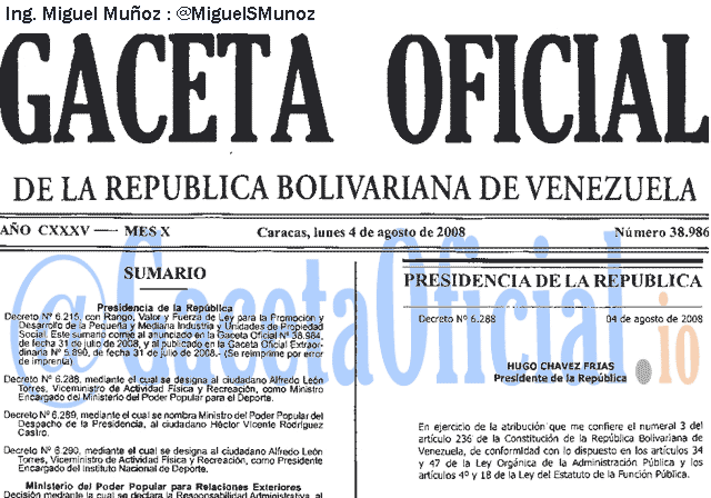 Gaceta Oficial 38986 del 4 Agosto 2008