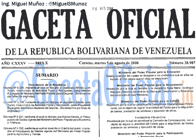 Gaceta Oficial 38987 del 5 Agosto 2008