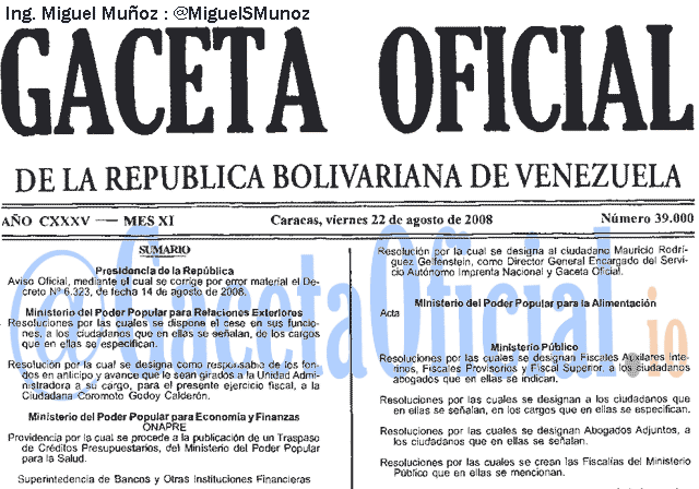 Gaceta Oficial 39000 del 22 Agosto 2008