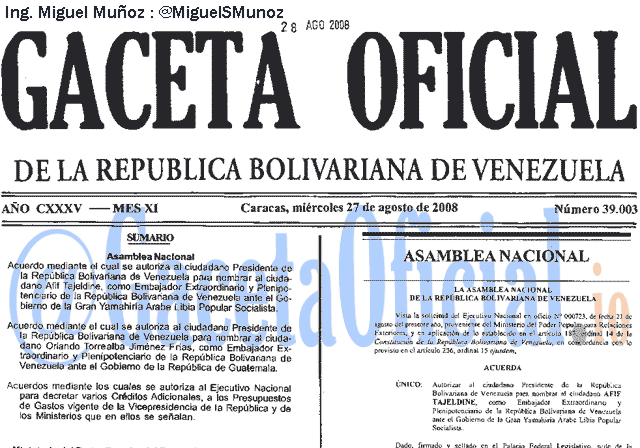 Gaceta Oficial 39003 del 27 Agosto 2008