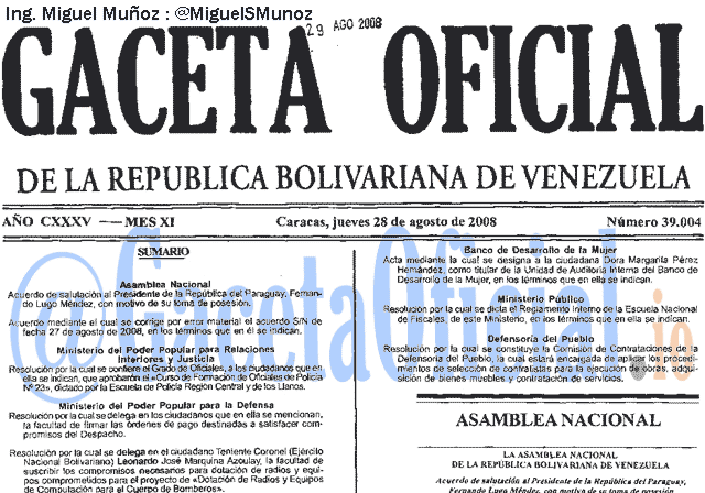 Gaceta Oficial 39004 del 28 Agosto 2008
