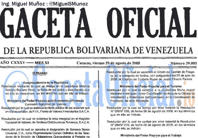 Gaceta Oficial 39005 del 29 Agosto 2008