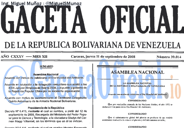 Gaceta Oficial 39014 del 11 Septiembre 2008