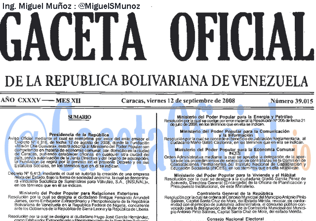 Gaceta Oficial 39015 del 12 Septiembre 2008