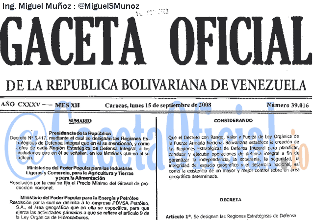 Gaceta Oficial 39016 del 15 Septiembre 2008