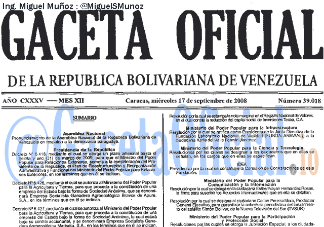 Gaceta Oficial 39018 del 17 Septiembre 2008